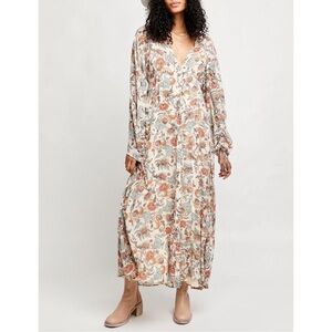 Free People Earthfolk Maxi Dress / Tea Combo floral long sleeve cream Large